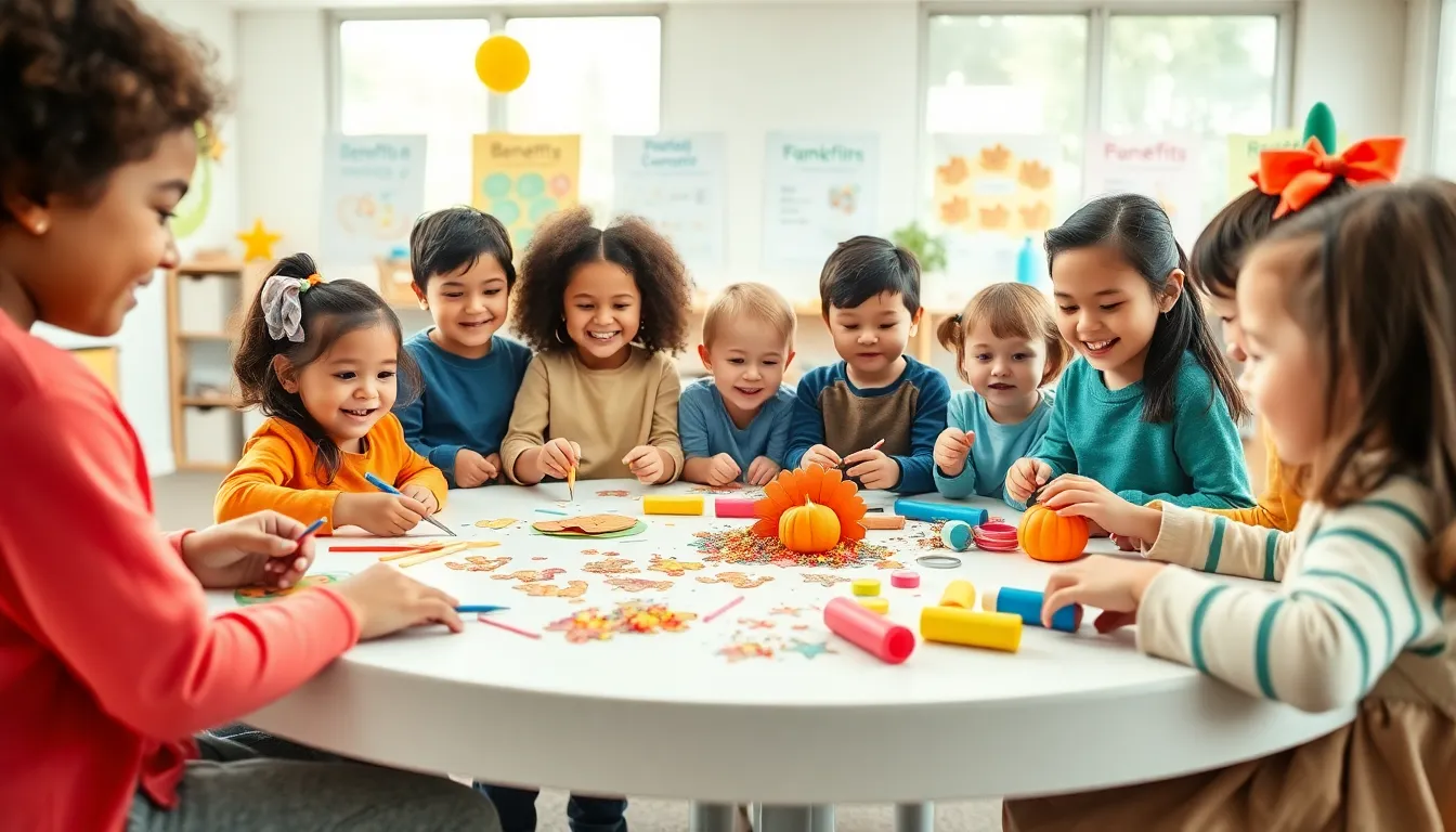 Children engaging in Thanksgiving crafts at a preschool table.