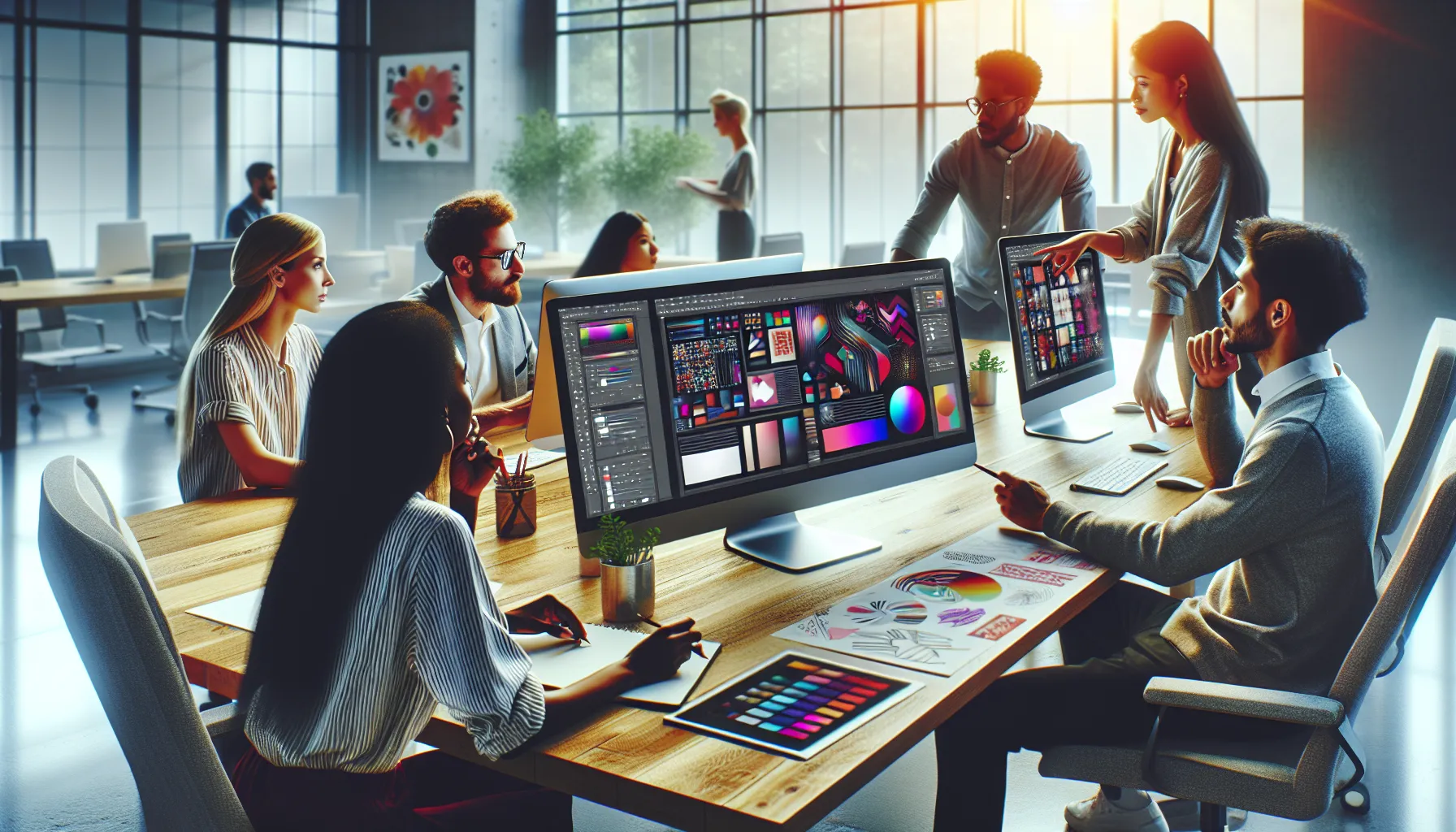 diverse graphic designers collaborating in a modern workspace using software.
