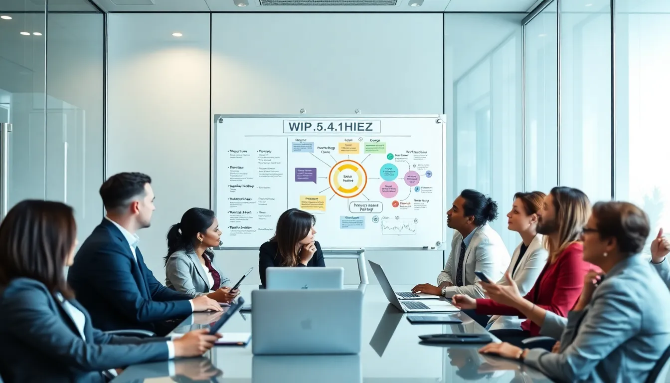 diverse team collaborating on the WIP5.4.1HIEZ framework in a modern office.
