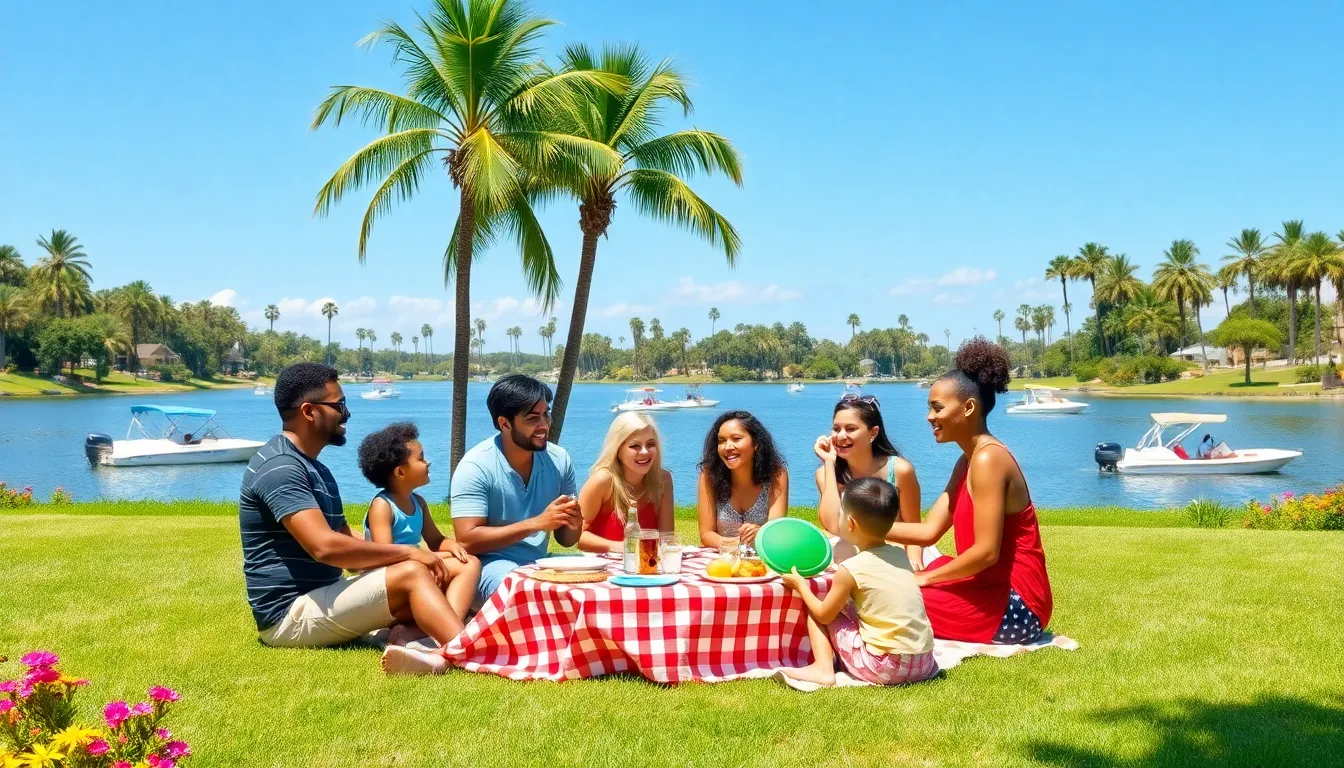 family enjoying a picnic and playing in a Florida park.