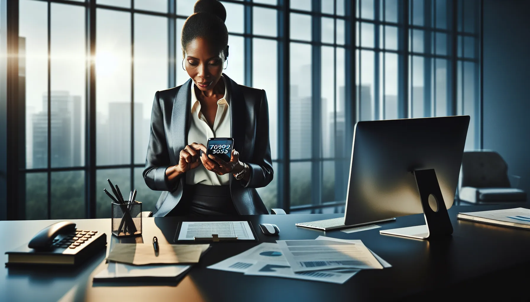 professional woman reviewing important phone number in a modern office.