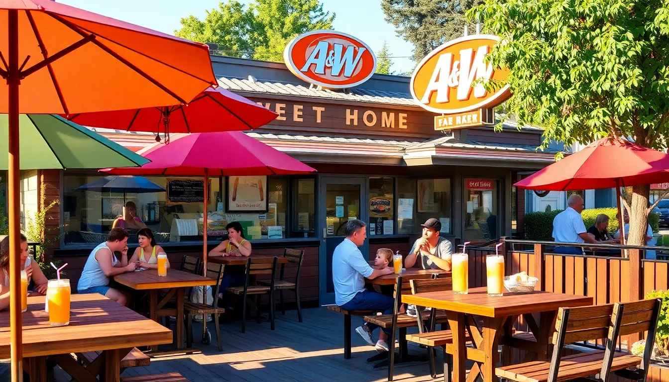 families enjoying dining at A&W in Sweet Home, Oregon.