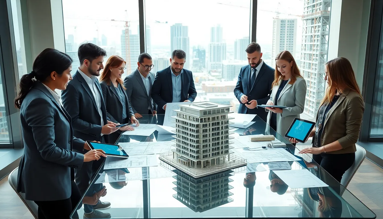 diverse team discussing construction projects in a modern office.