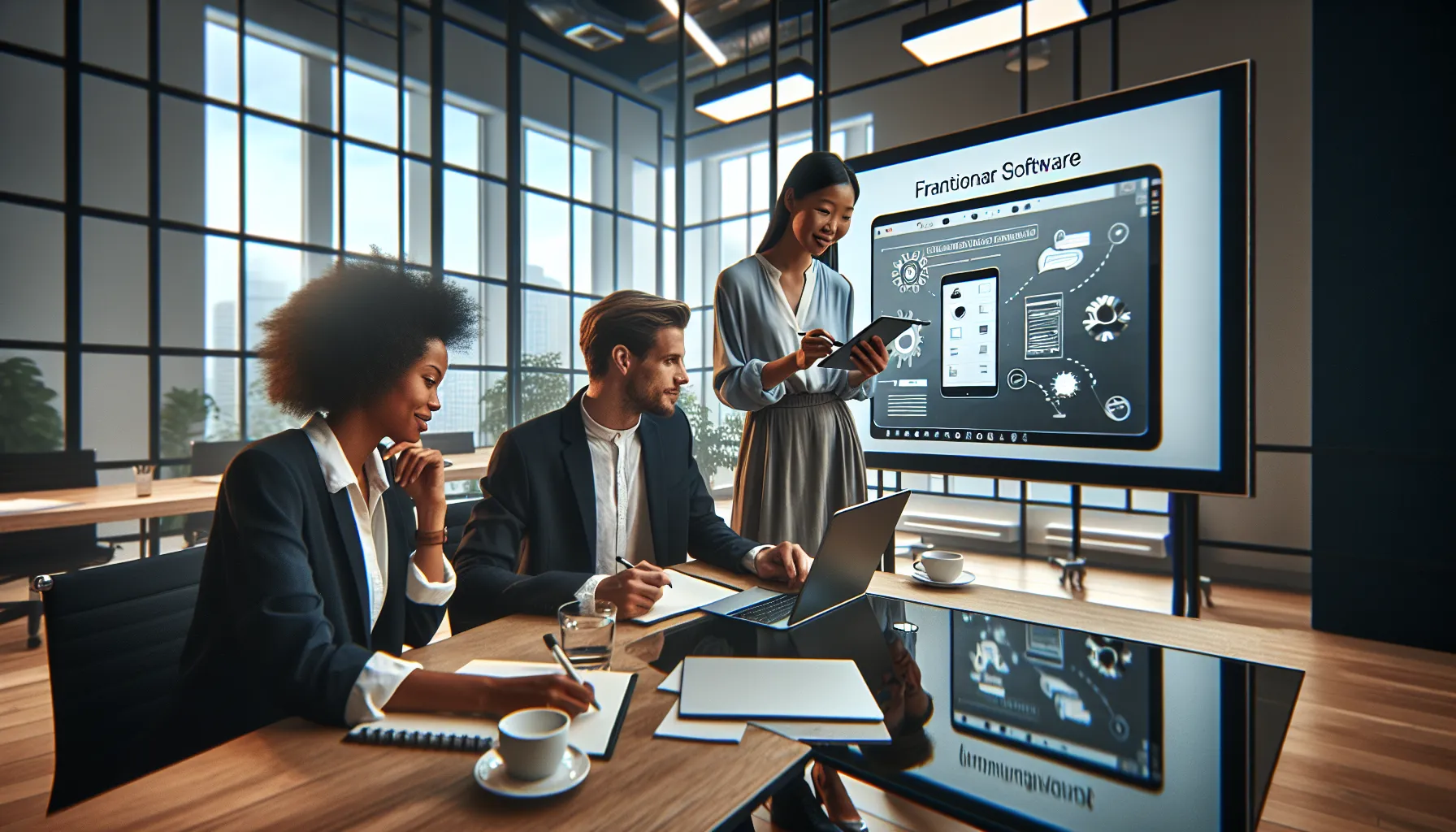 diverse professionals discussing Francamercurio1 in a modern office.