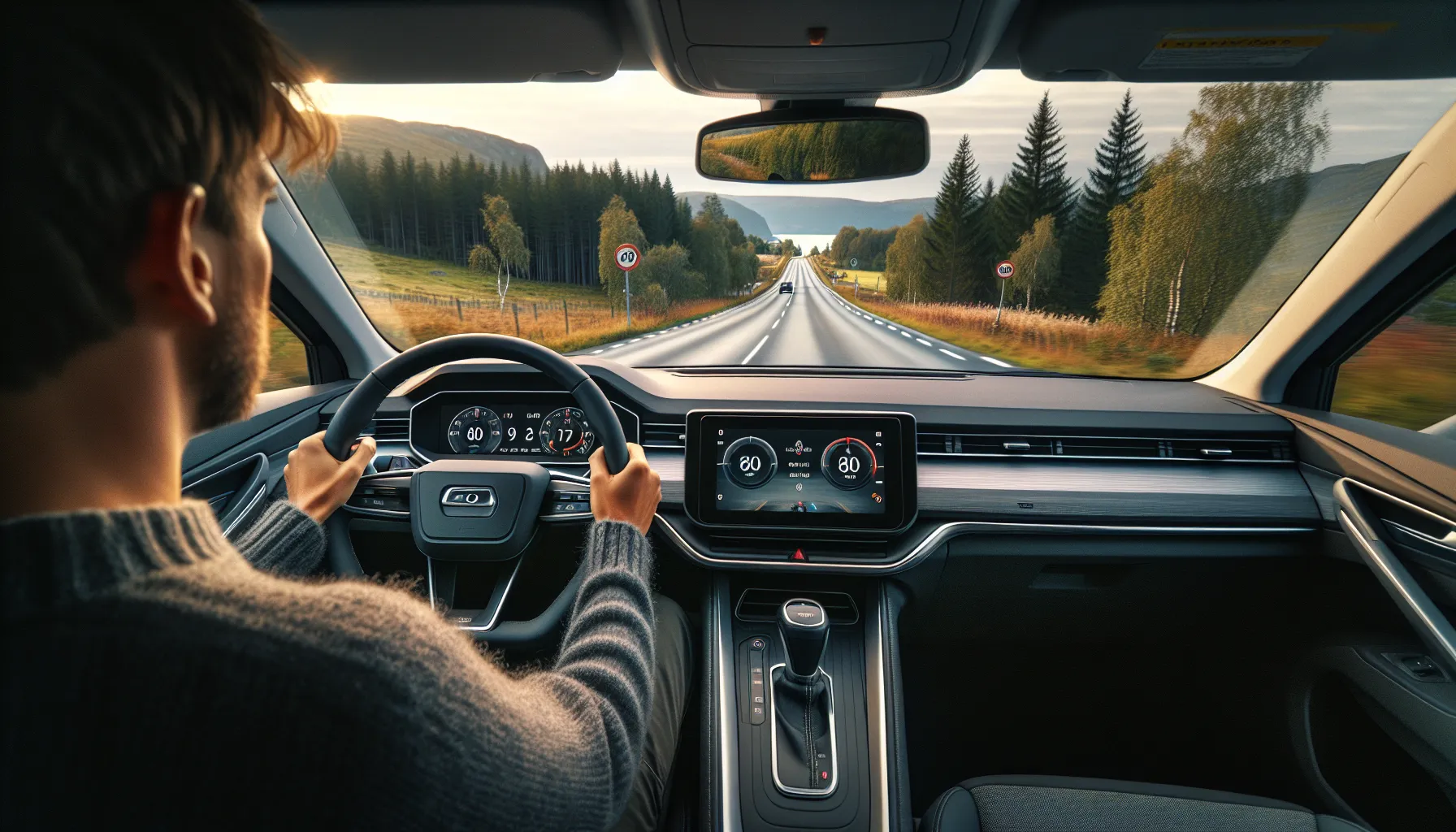 Driver holds steady 80 km/h, coasting on a norwegian rural road for efficiency.