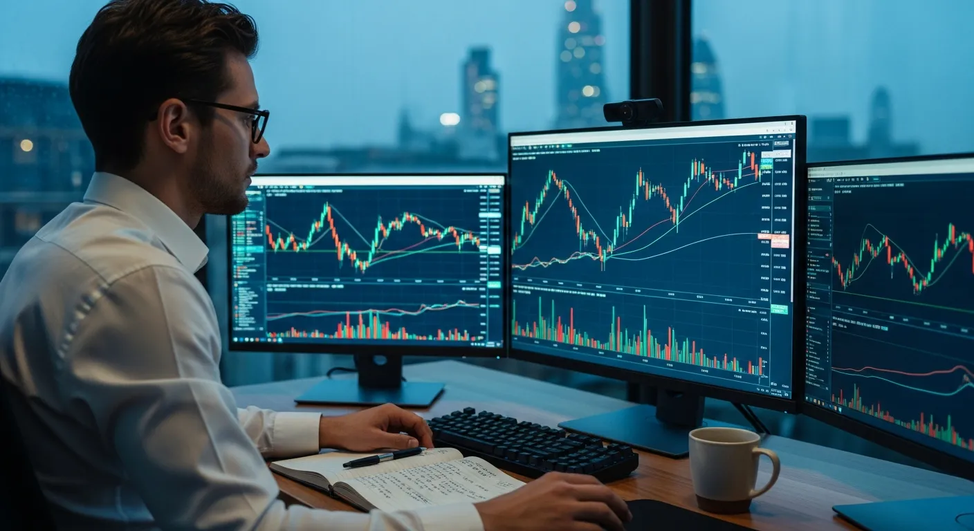 A financial analyst studying cryptocurrency price charts and volume data on multiple monitors.
