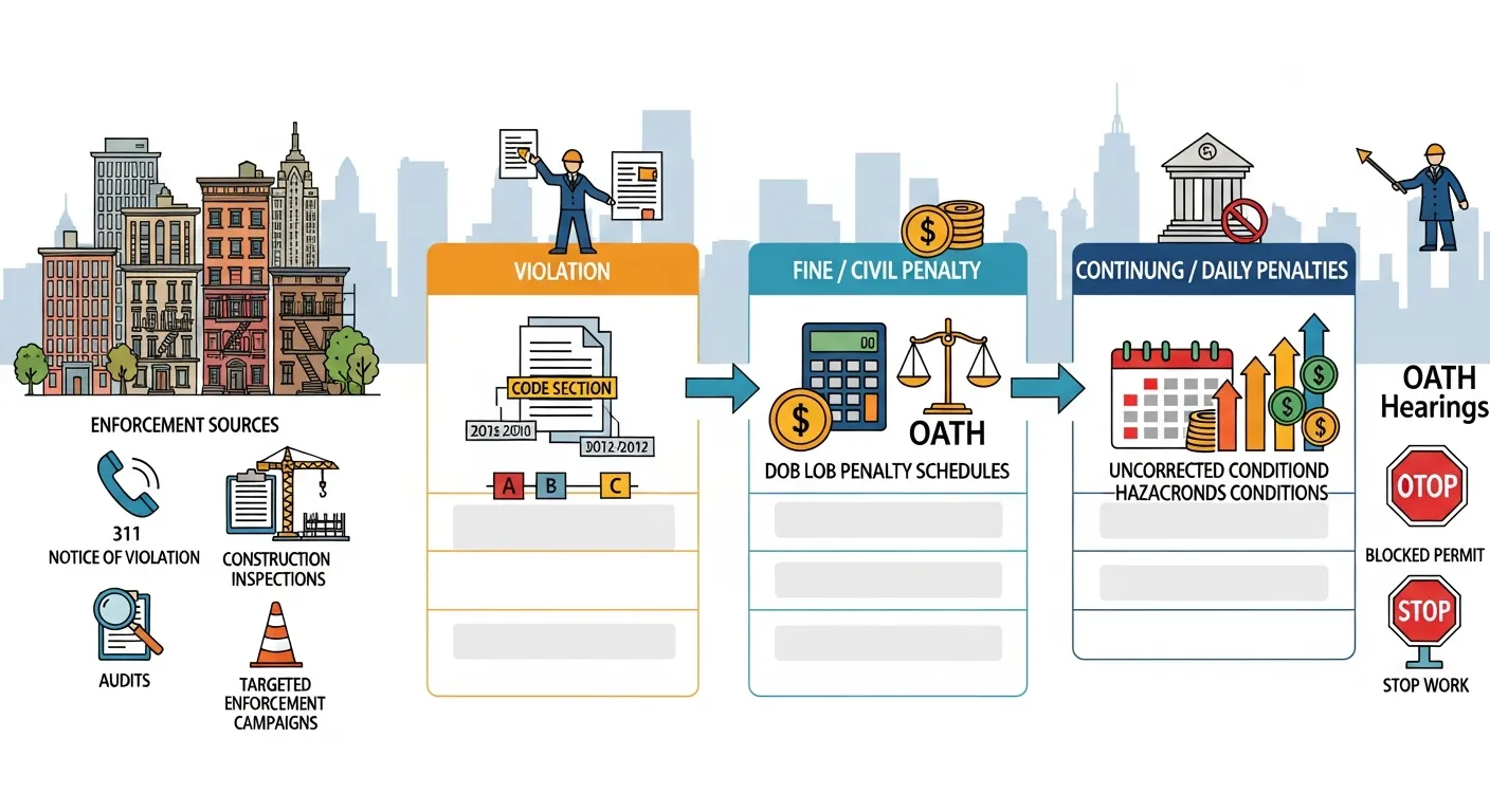 Infographic showing how NYC DOB violations lead to fines and escalating penalties.