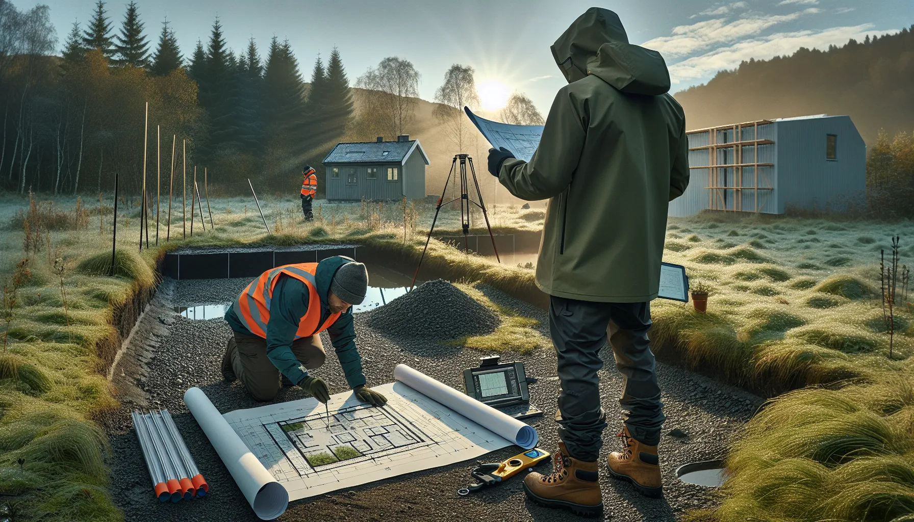 Slik planlegger du et bærekraftig byggeprosjekt 3 Architect and engineer analyze a norwegian plot for low-impact, flexible building design.