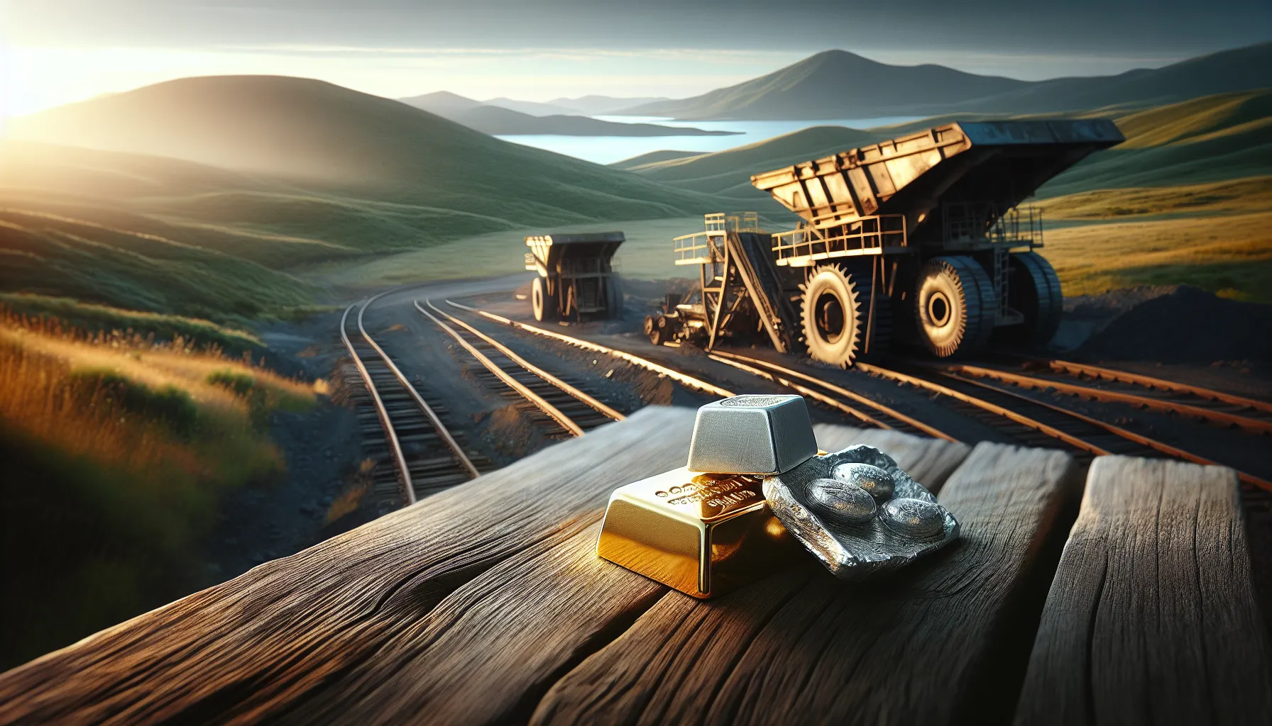 Gold and silver ingots displayed near a mining operation in a rural American setting.