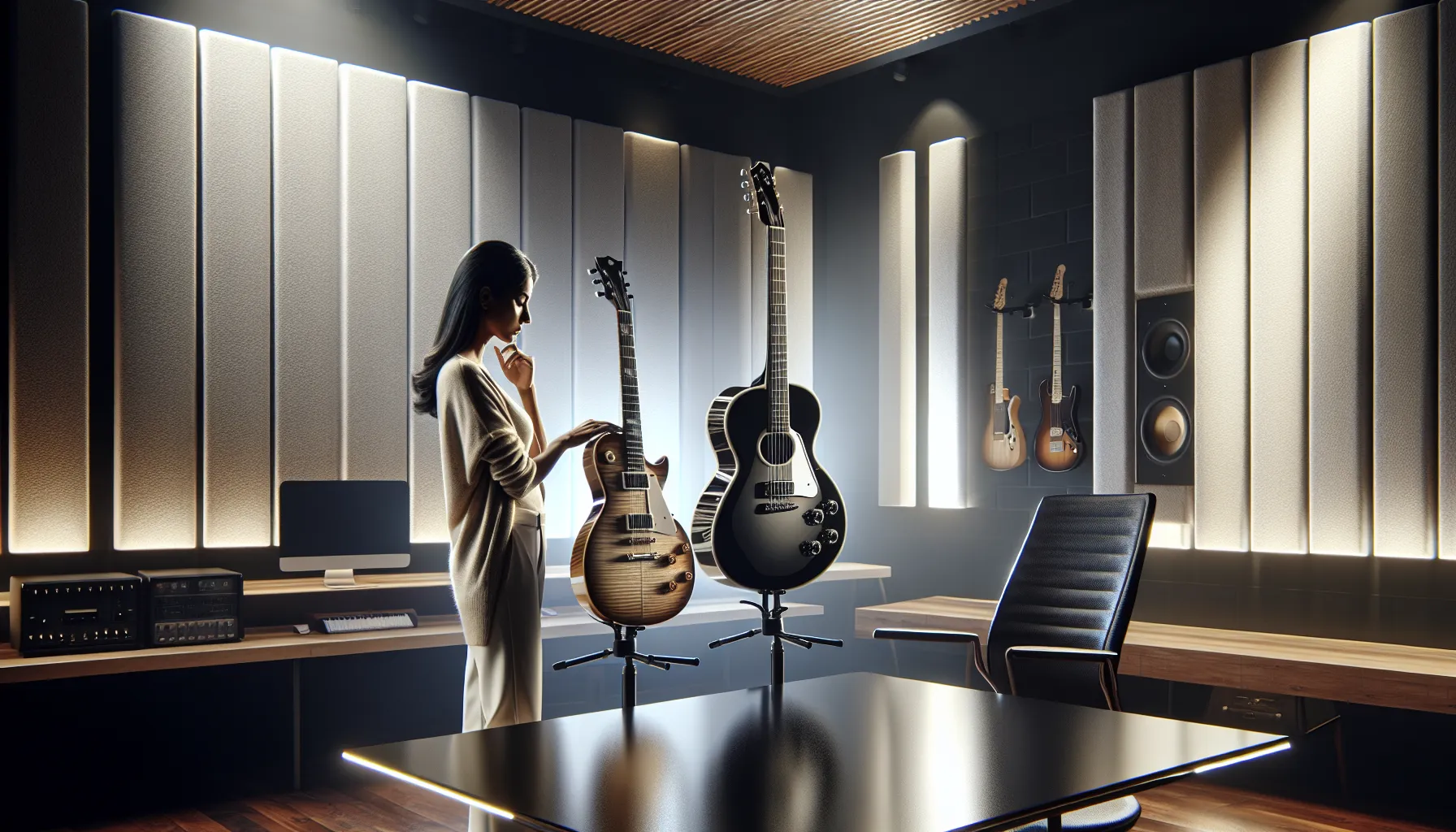musician inspecting Chibson guitars in a modern music studio.