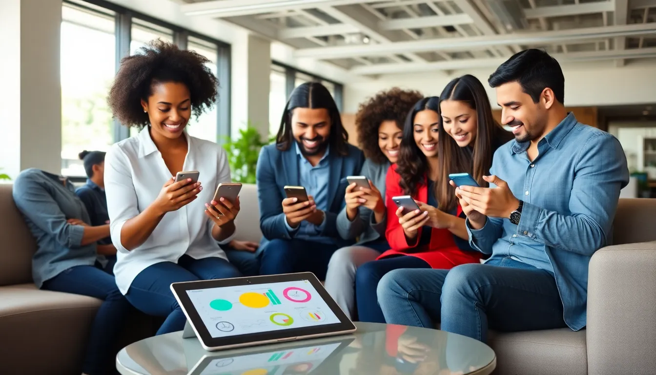 diverse team engaging with mobile apps in a modern office setting.