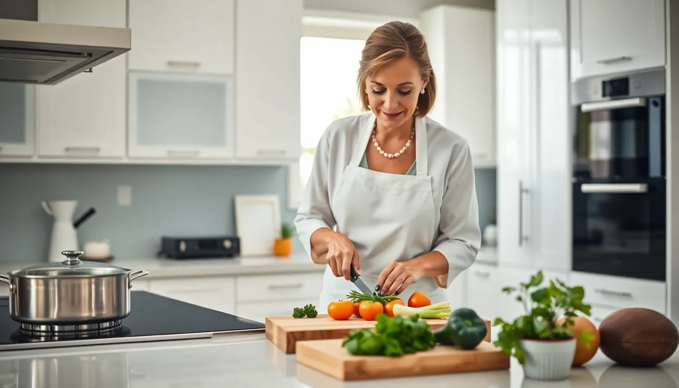 chef chopping vegetables in a modern kitchen setting.