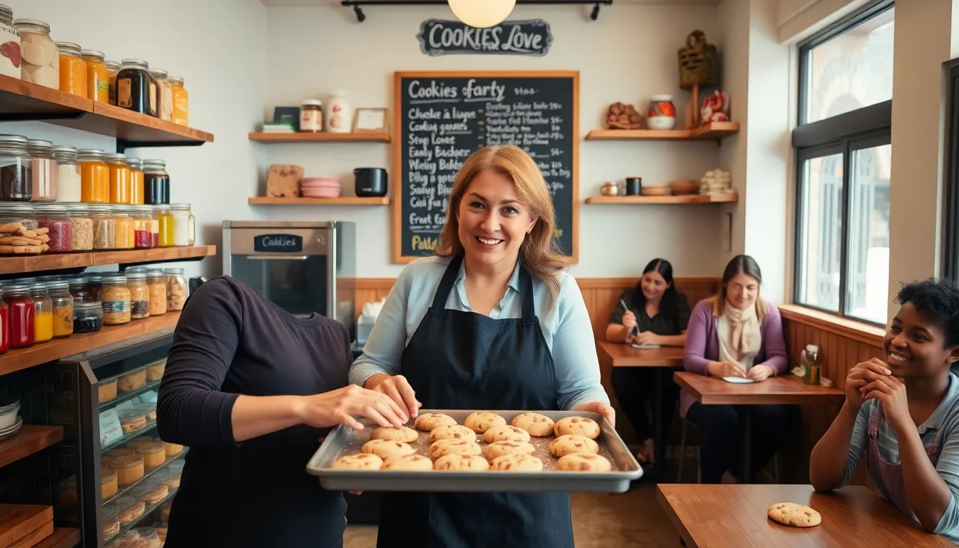 woman decorating cookies in a warm, inviting bakery.