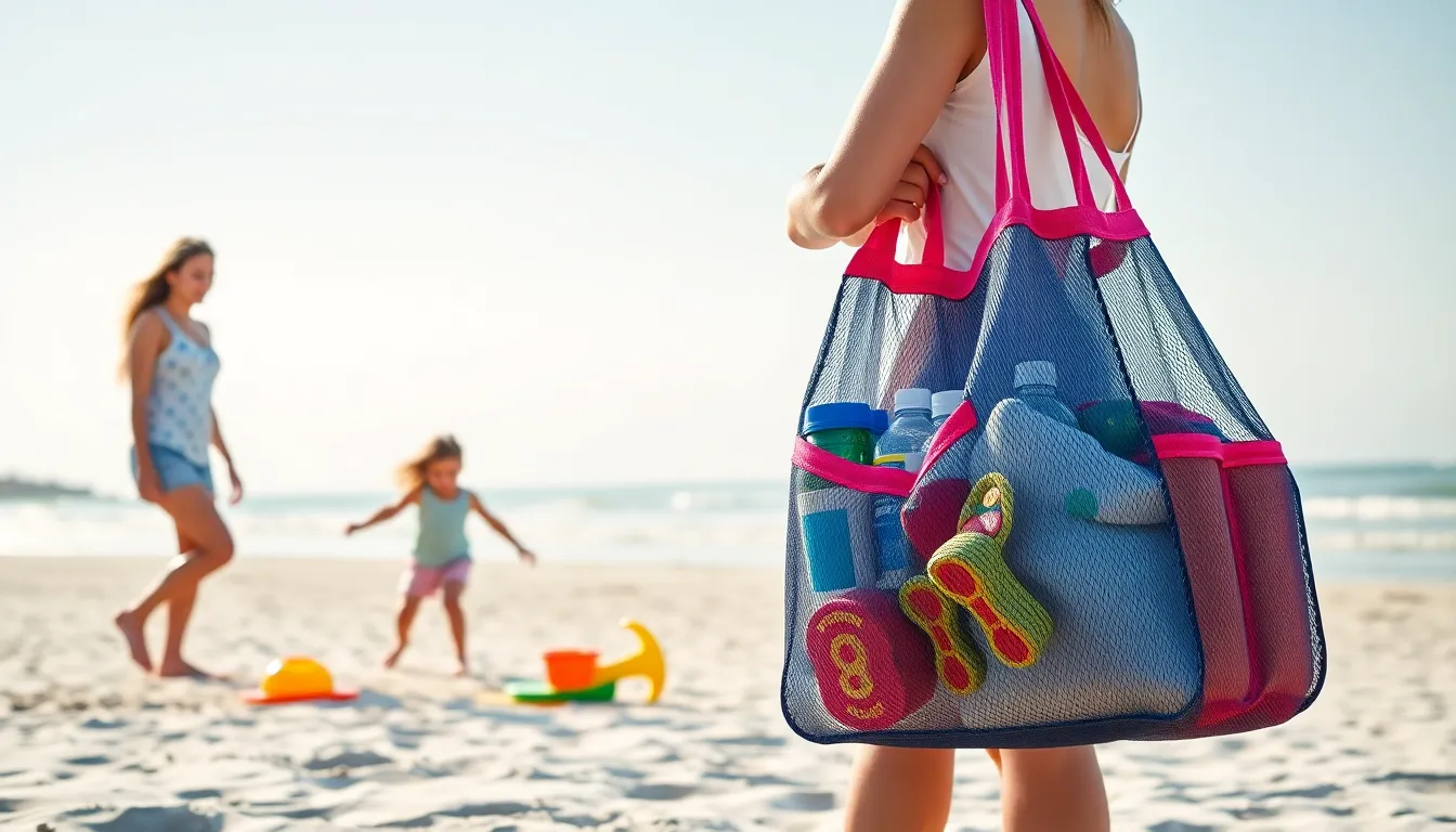 Mom holding a mesh beach bag on a sunny beach with children playing nearby.