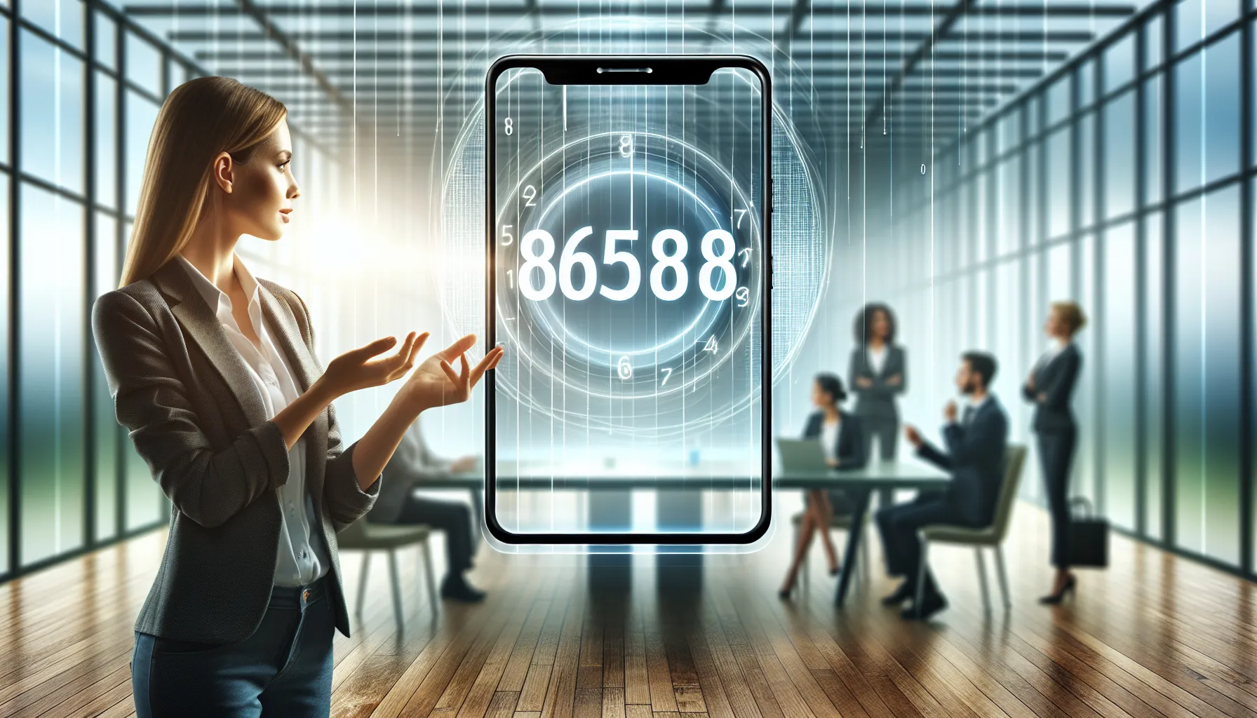 smartphone display of the number 8655885121 in a modern office.