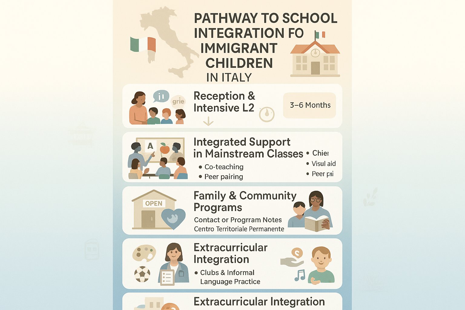 Infografica a strati dei passaggi di supporto scolastico e integrazione per bambini immigrati in Italia.