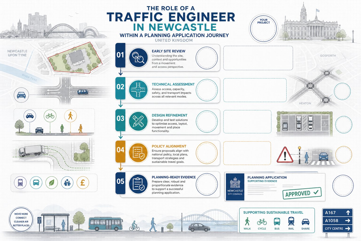 Infographic of a traffic engineer assessing site access, safety and planning evidence.