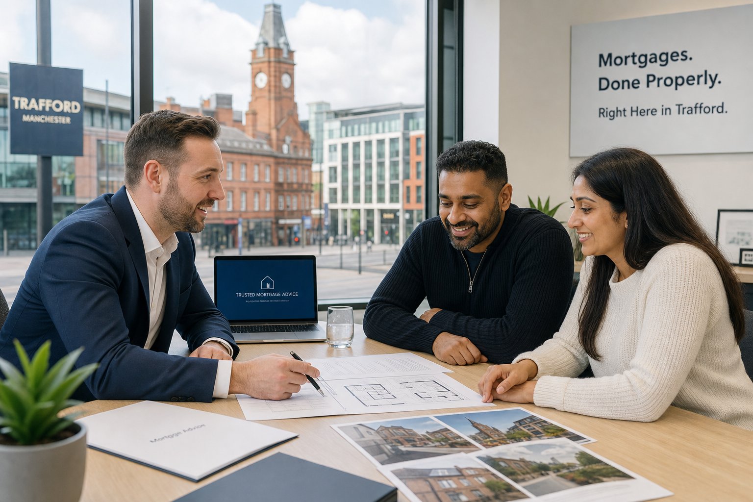 Professional commercial mortgage consultation in a modern Trafford office, with advisors and clients reviewing property finance documents in natural light.