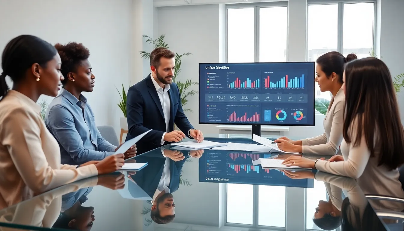 diverse team discussing data management in a modern office.