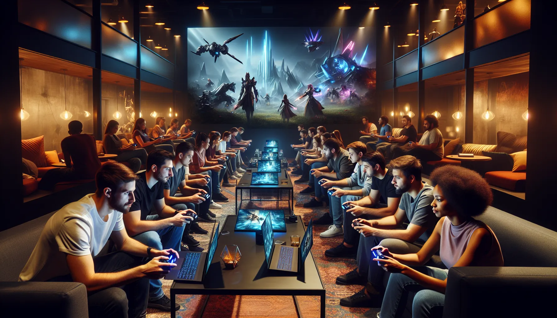 diverse gamers immersed in Darkwarfall in a modern gaming lounge.