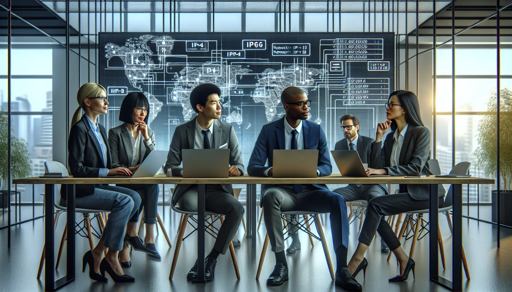 IT professionals discussing IP address types in a modern office.