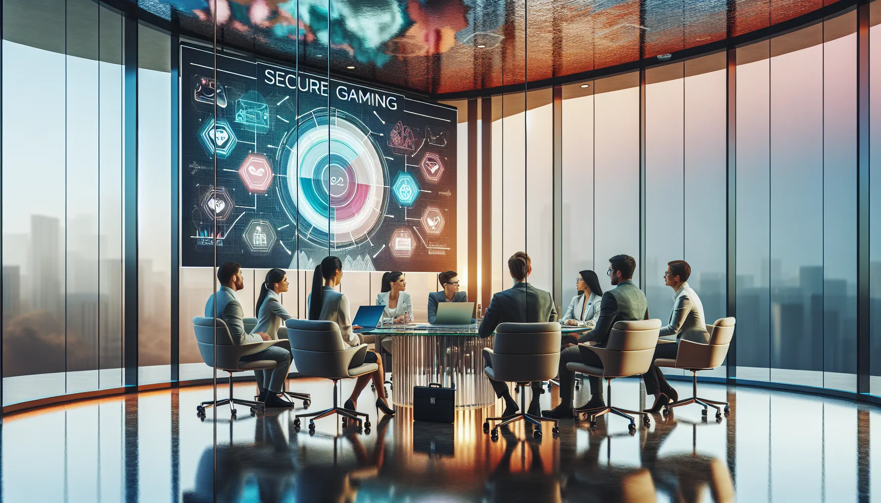 diverse team discussing responsible gaming practices in a modern office.