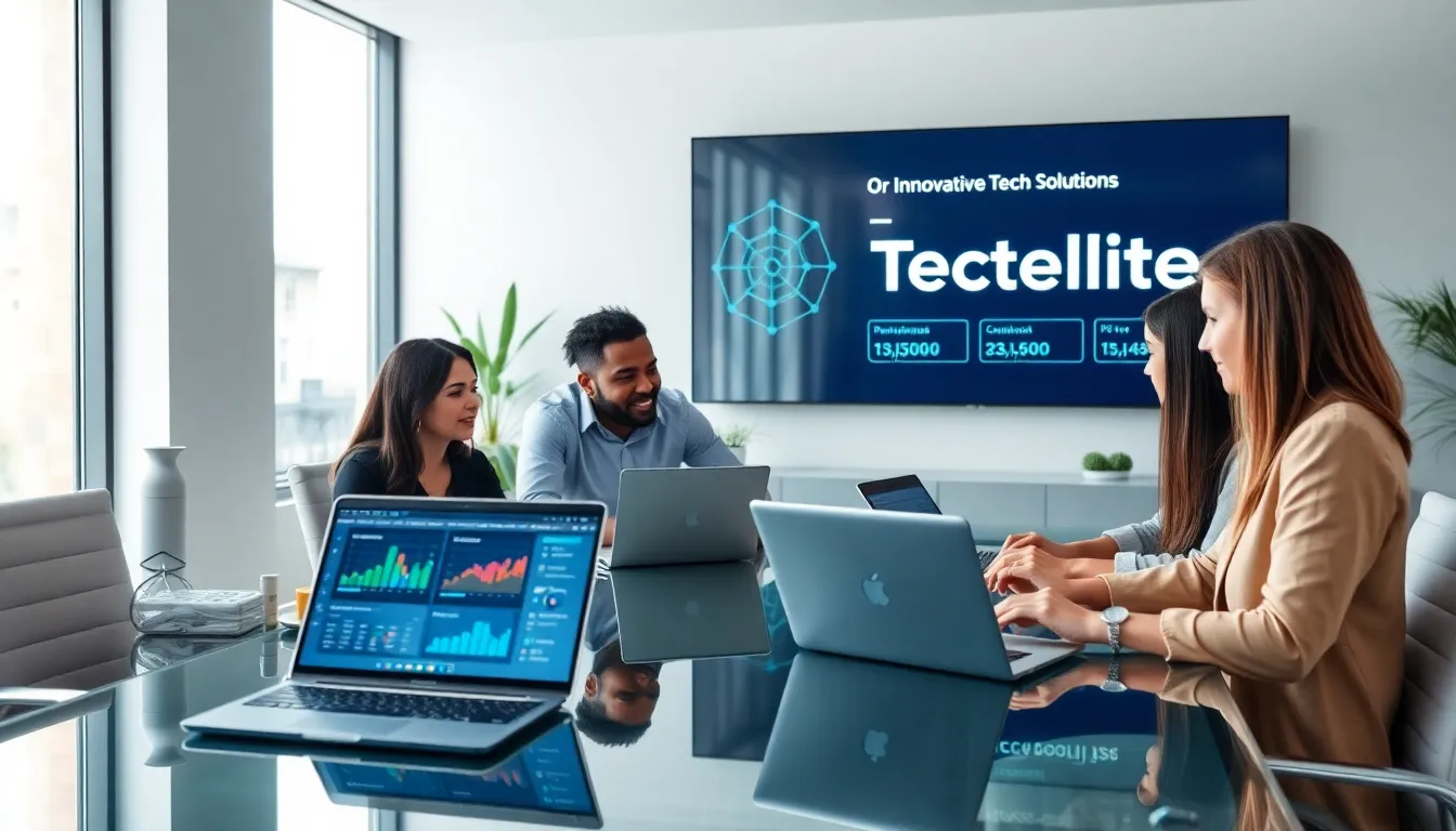 diverse team collaborating in a modern office about tech solutions.