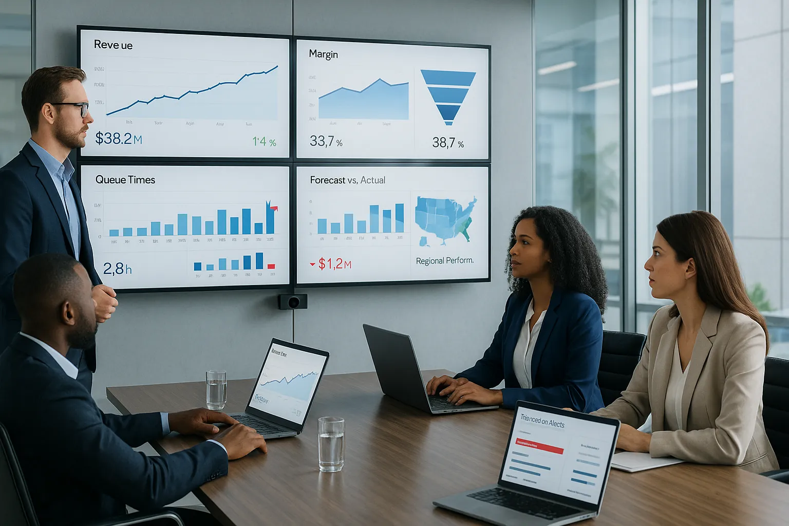 Business team reviewing real-time KPI dashboards in a modern office.
