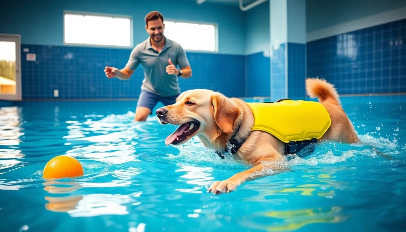 dog enjoying swimming lessons with a trainer in a modern pool.