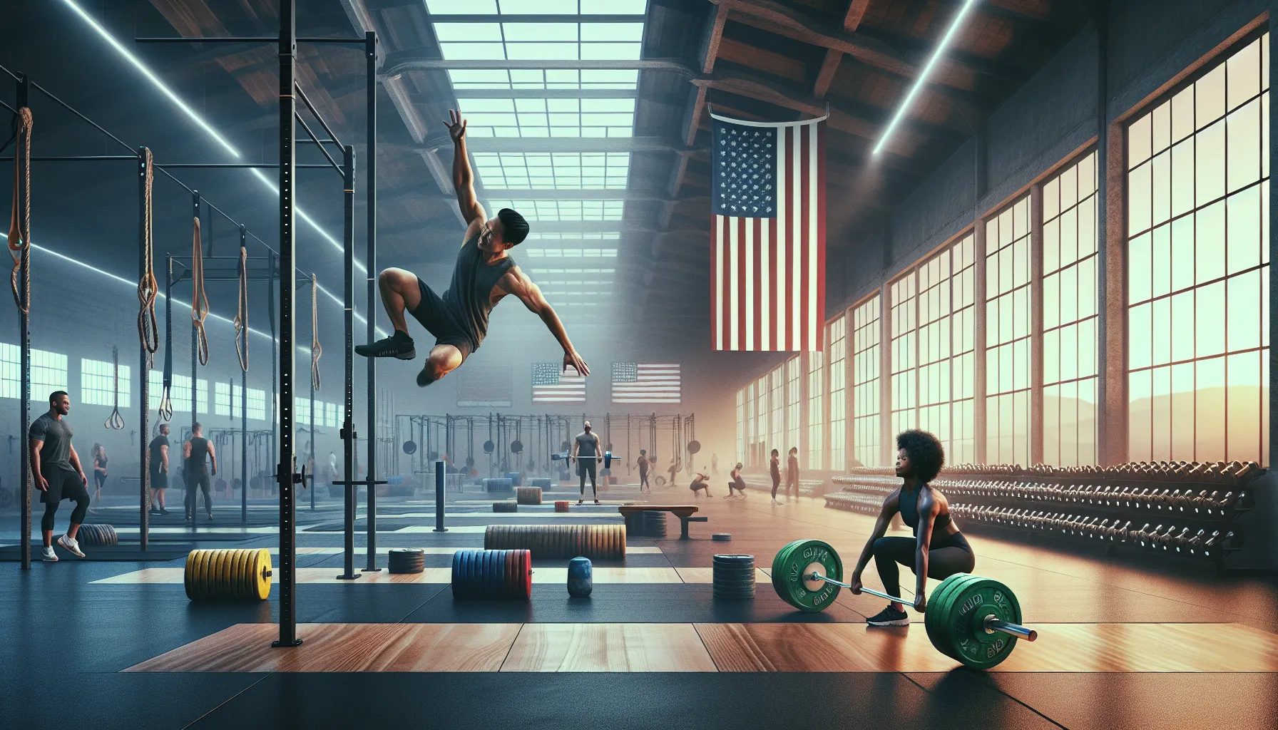 Two individuals demonstrate calisthenics and weightlifting in a gym setting.