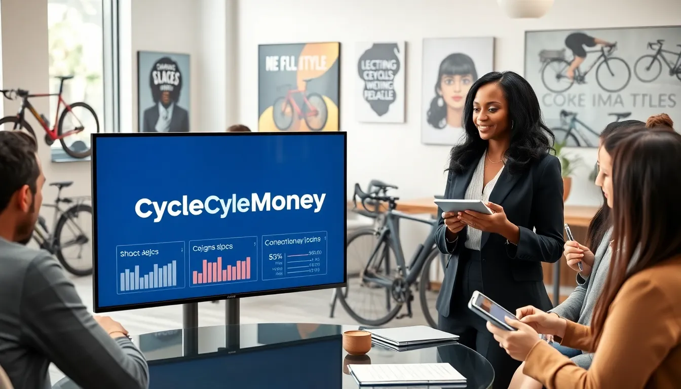 professionals collaborating in a modern office discussing cycling finance.