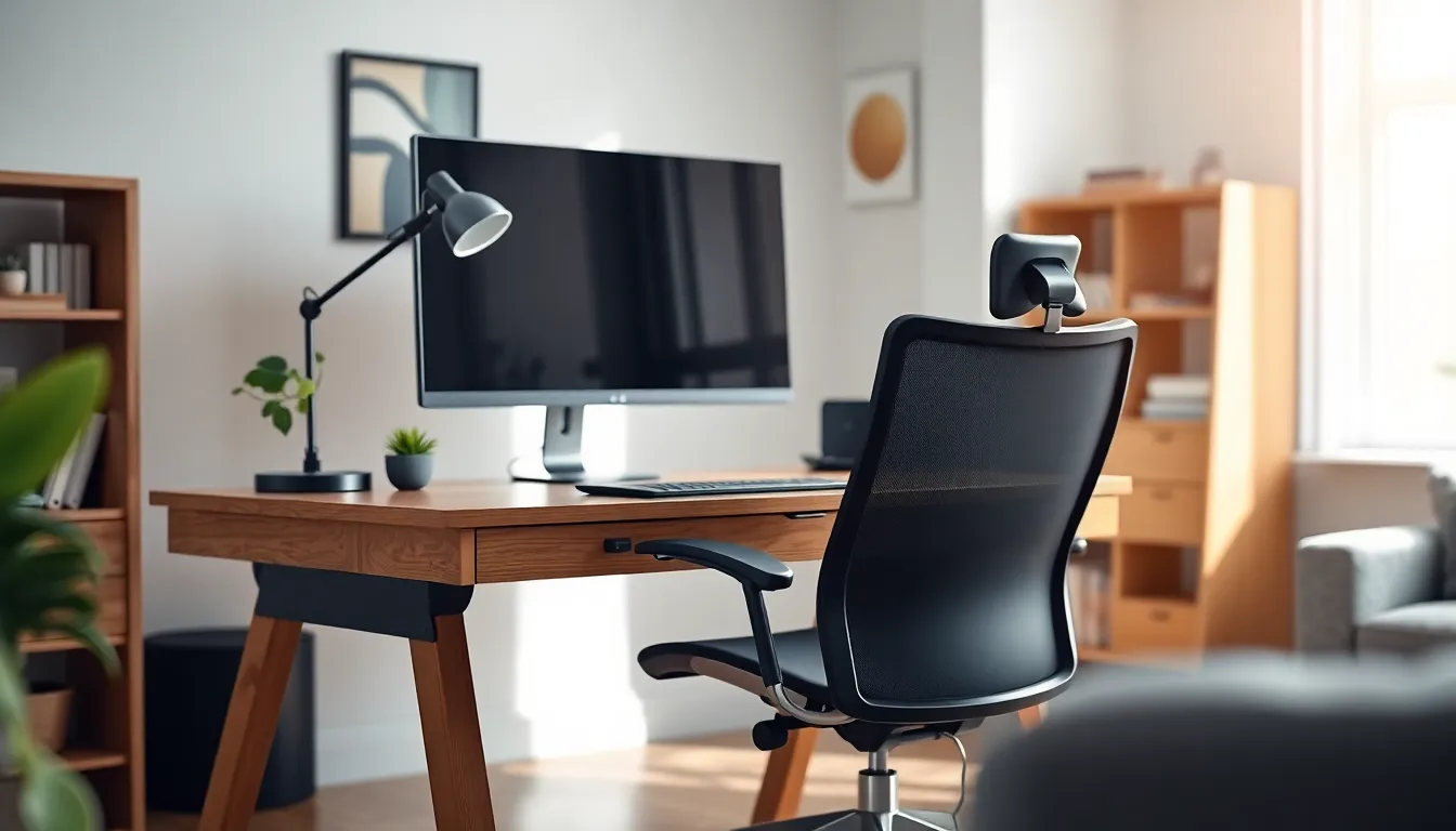 a modern home office setup with ergonomic furniture and personal decor.
