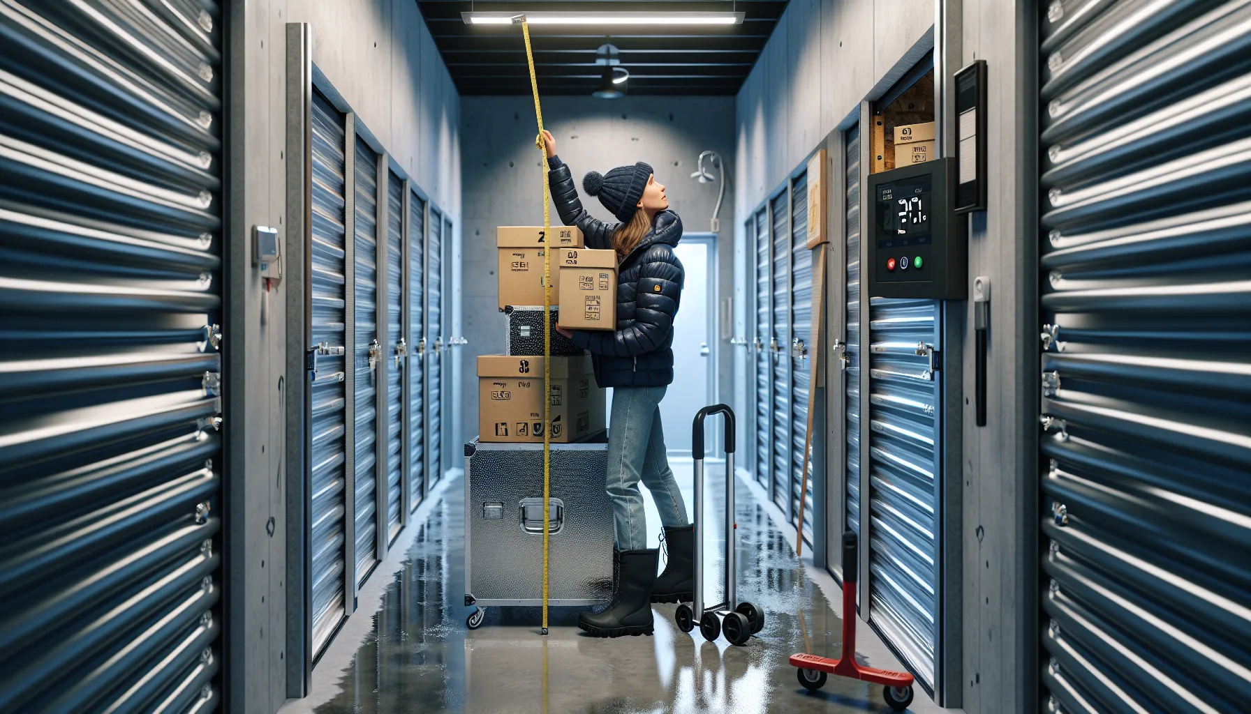 Woman measures tall storage unit and stacks boxes in rainy bergen facility.