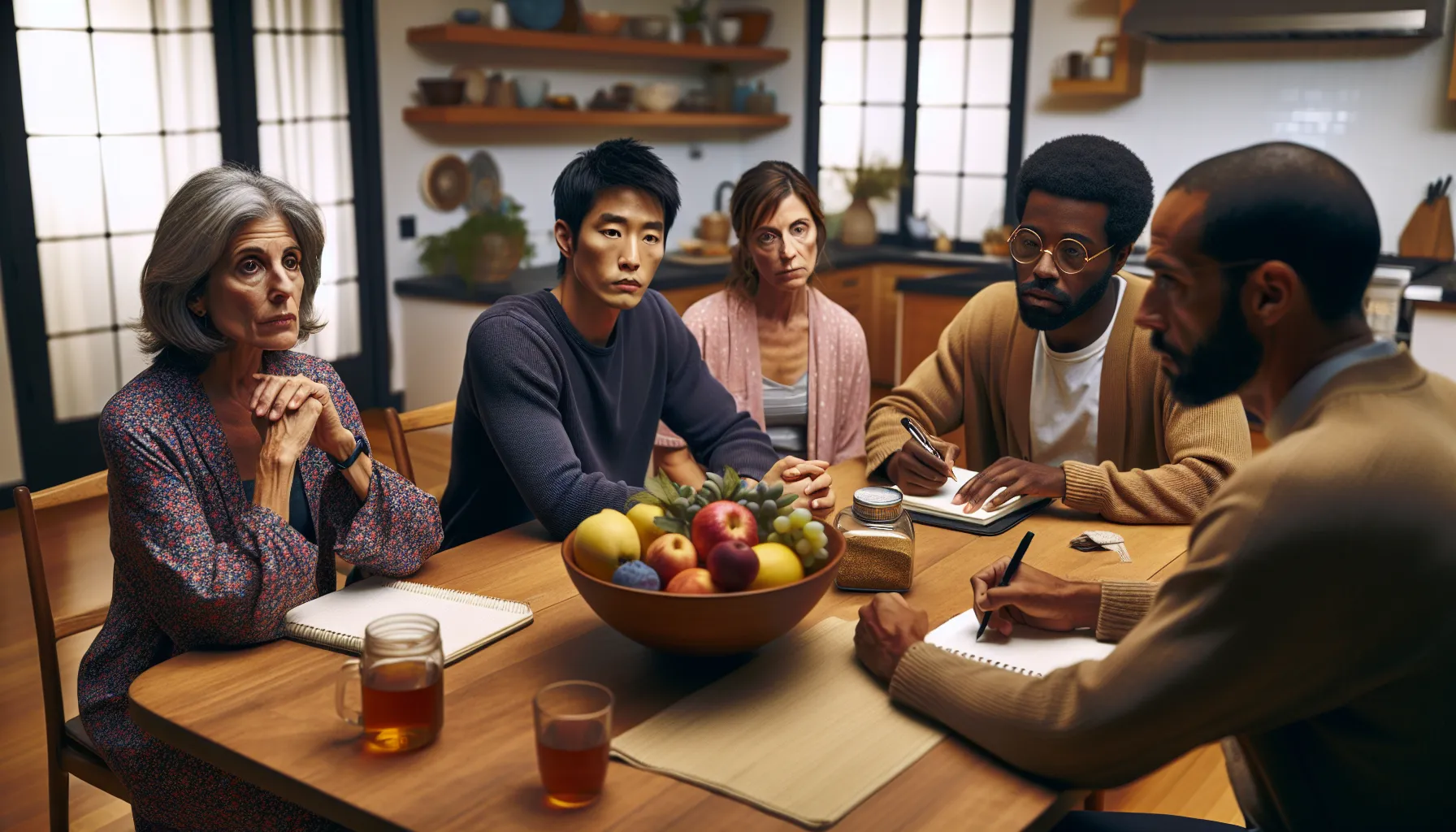 four individuals discussing medication effectiveness in a modern kitchen.