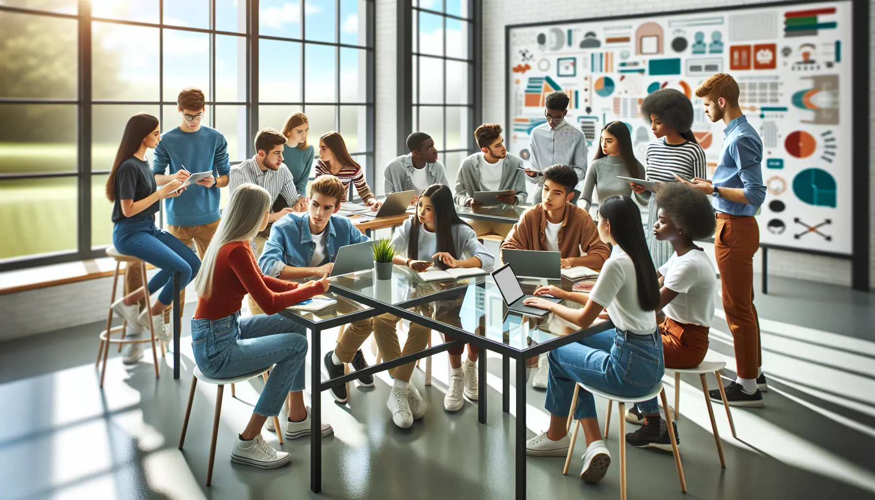 students collaborating in a modern classroom setting.