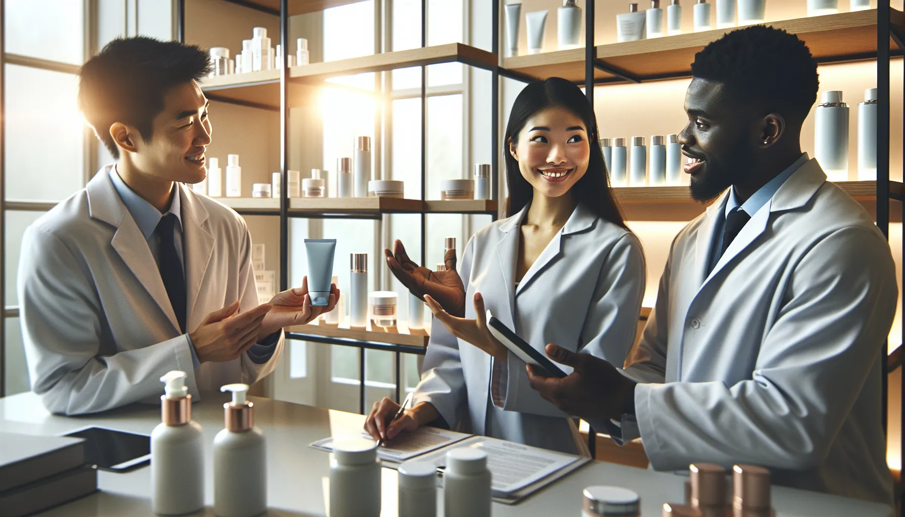 diverse dermatologists discussing Amaira SOS skin cream in a modern office.