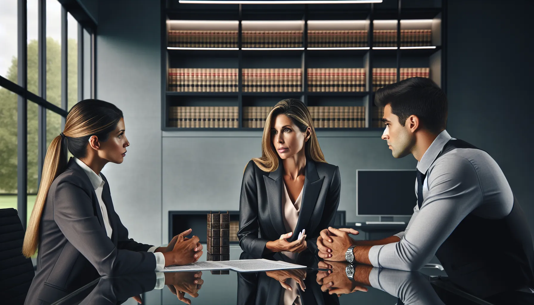 Croatian lawyer explaining marital debt laws to concerned married couple in modern office.