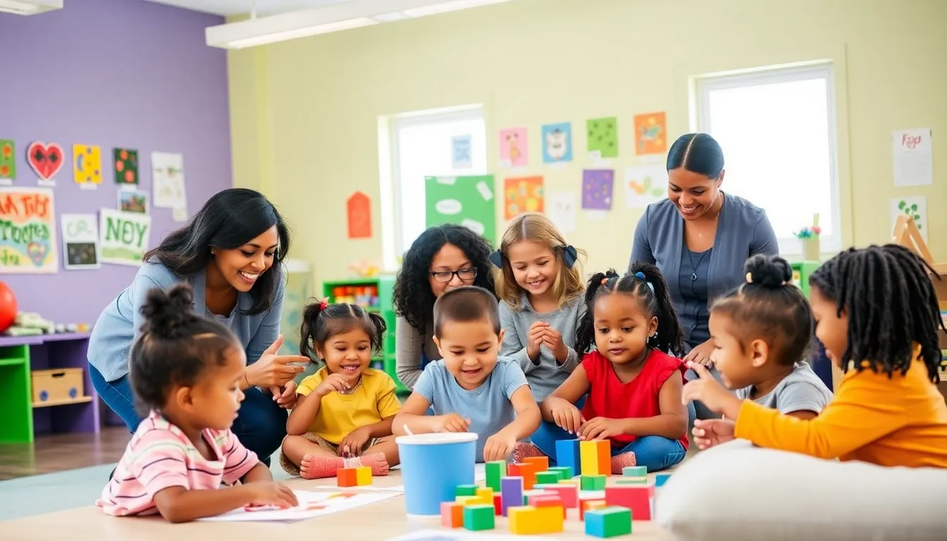 children engaged in creative activities at a child development center.