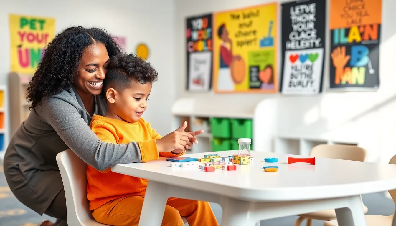 child with special needs interacting with a supportive teacher in a classroom.