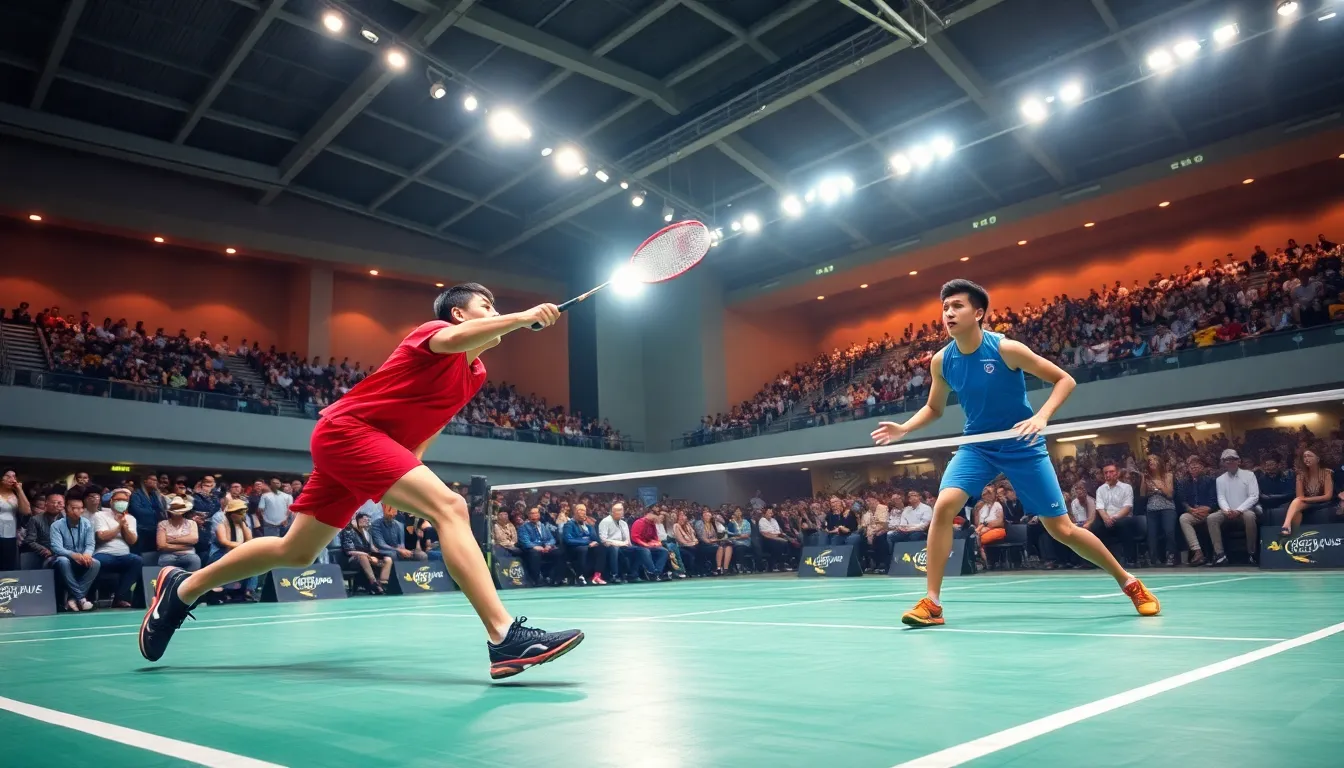 two badminton players competing in a vibrant indoor arena.
