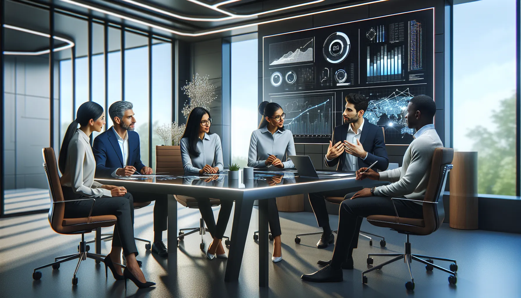 diverse team discussing data in a modern office setting.