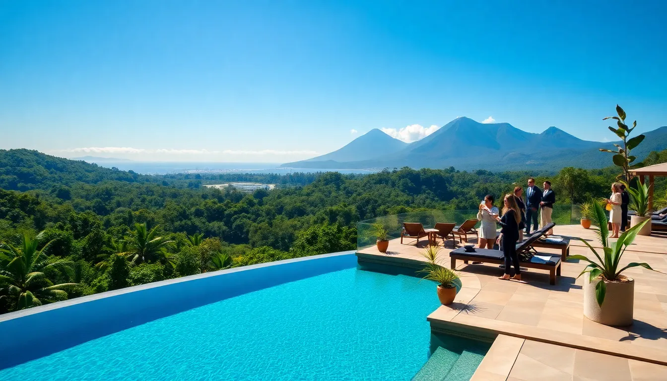luxurious resort with infinity pool in a lush Costa Rican rainforest.