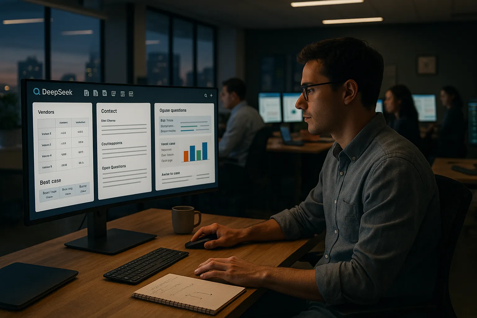 Office worker using AI tool to automate research, analysis, and reporting tasks.