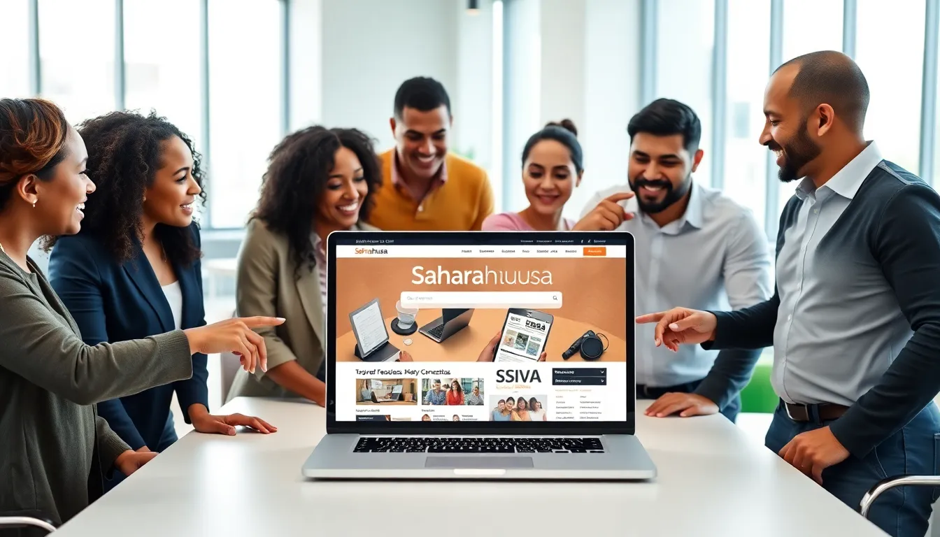diverse professionals collaborating over a laptop displaying Saharahausa.com.
