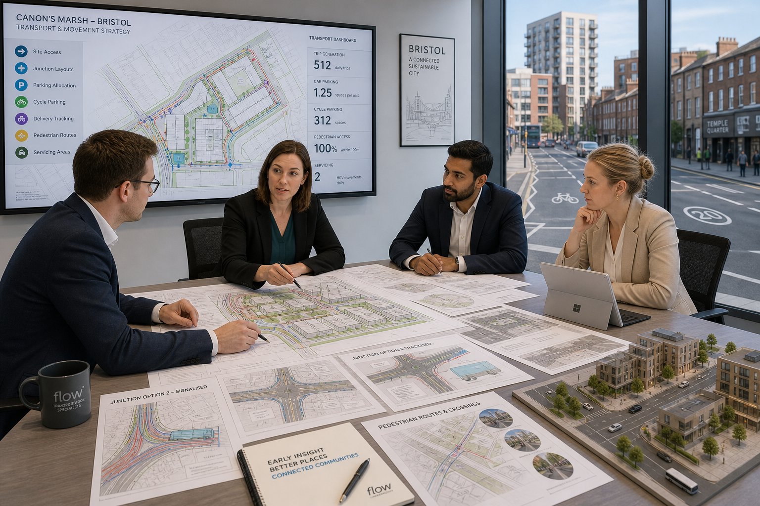 Traffic engineer reviewing Bristol development transport plans with a professional project team.