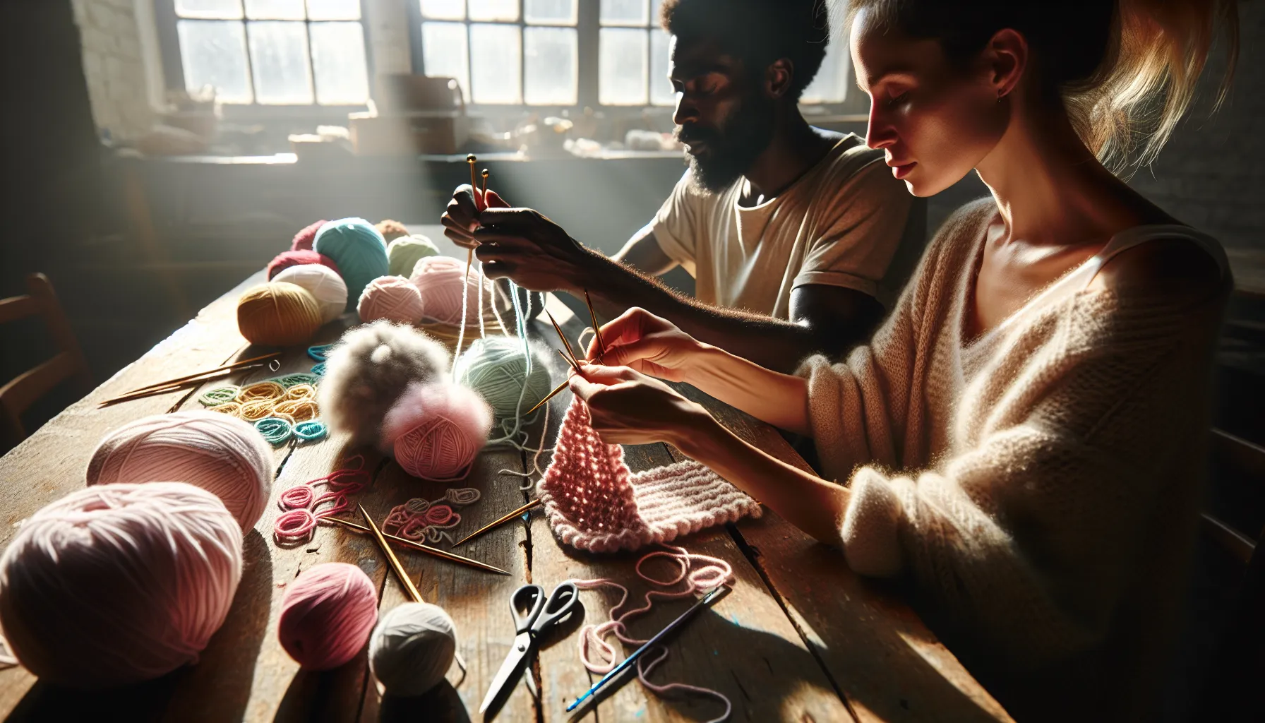 Two individuals knitting and crocheting at a crafting table.