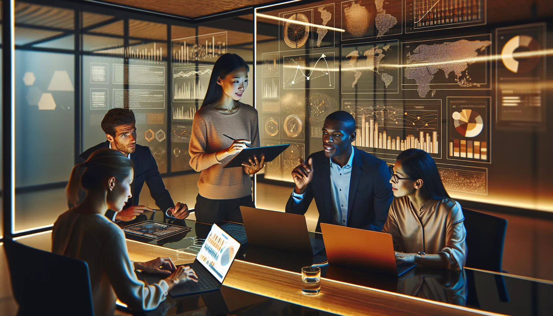 diverse team analyzing data in a modern office setting.