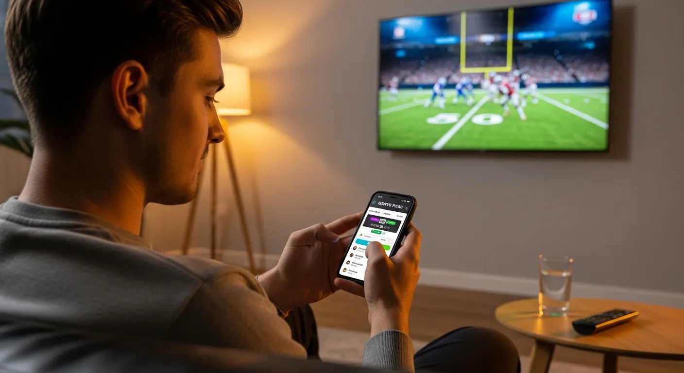 Man on couch using sports picks app while watching a football game.