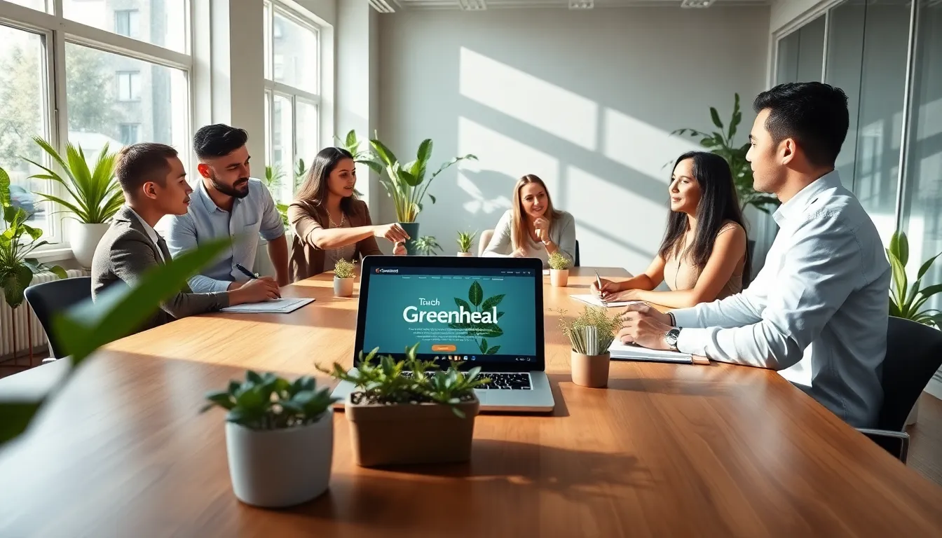 diverse team discussing eco-friendly practices in a modern office.