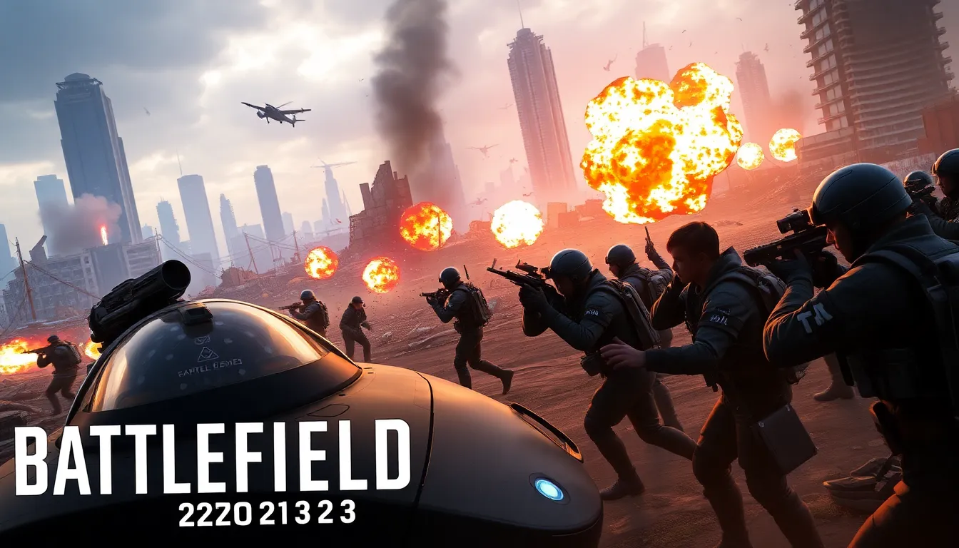 Diverse team strategizing in a futuristic battlefield environment.